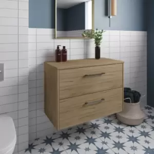 Image of Juno Wall Hung 2-Drawer Vanity Unit with Worktop 800mm Wide - Autumn Oak - Hudson Reed