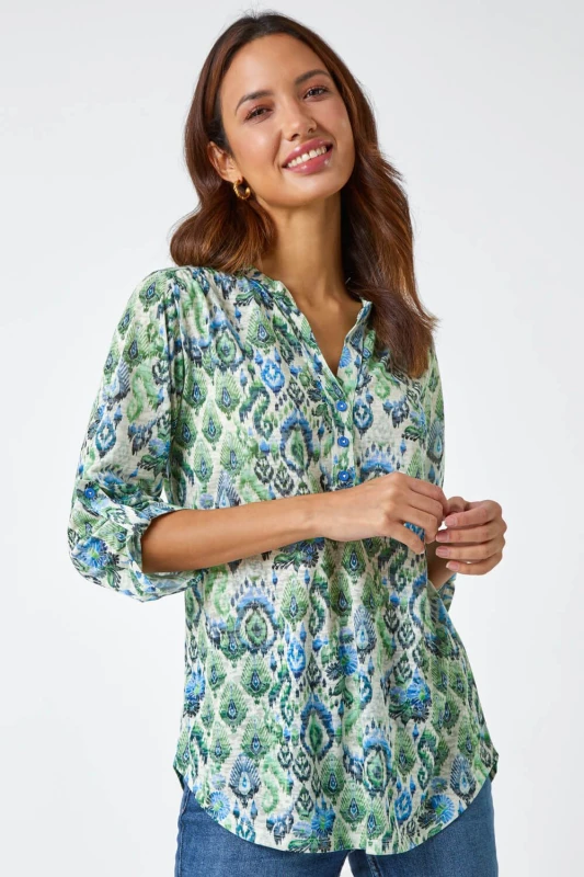 Image of Roman Womens Aztec Burnout Print Relaxed V-Neck Tunic Top in Green Size: 16 Green Female 16