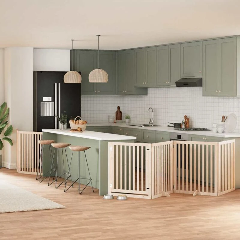 Image of vidaXL Dog Gate with Door Foldable 8 Panels 640cm Poplar Wood, Brown 3155670