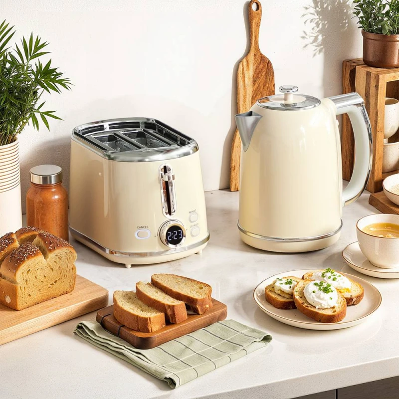 Image of HOMCOM HOMCOM Rapid Boil Kettle and 2 Slice Toaster Set with LED Screen, 1.7L 3000W in Cream Cream One Size Unisex 5063603220584