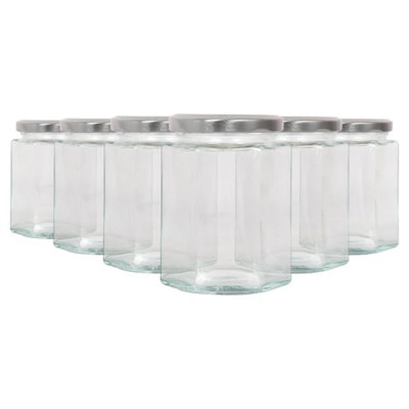 Image of Argon Tableware Hexagonal Glass Jam Jars With Silver Lids - 250ml - Pack Of 6