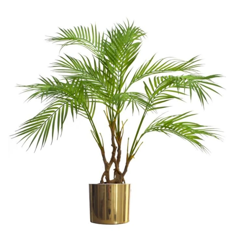 Image of Leaf 90cm Artificial Areca Palm Plant Realistic Detail Trunk with Gold Metal Planter in Green Green Unisex