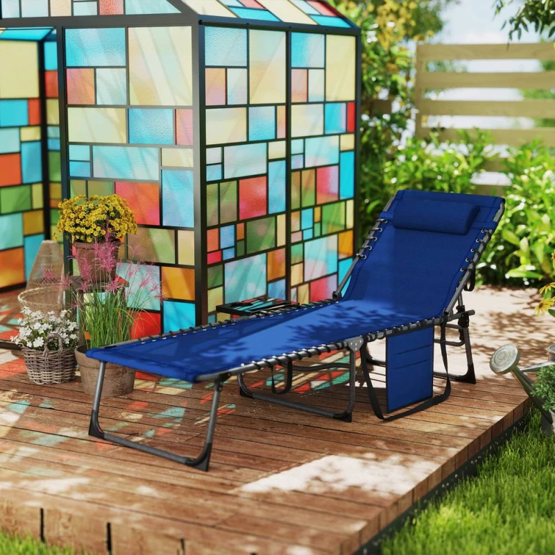 Image of Outsunny Folding Sun Lounger with 5-Level Reclining Back, Side Table, Blue 84G-721V00NU