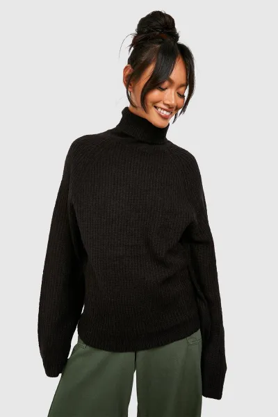 Image of Knitted Roll Neck Jumper With Raglan Sleeve