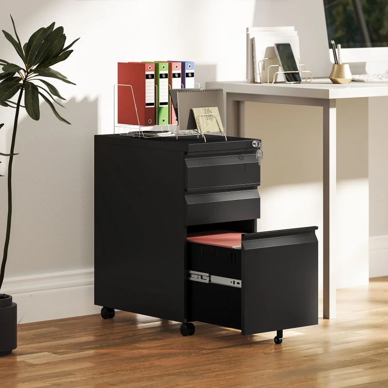 Image of VINSETTO 3-Drawer Filing Cabinet with Lock & Wheels for A4 Legal & Letter Size in Black Unisex