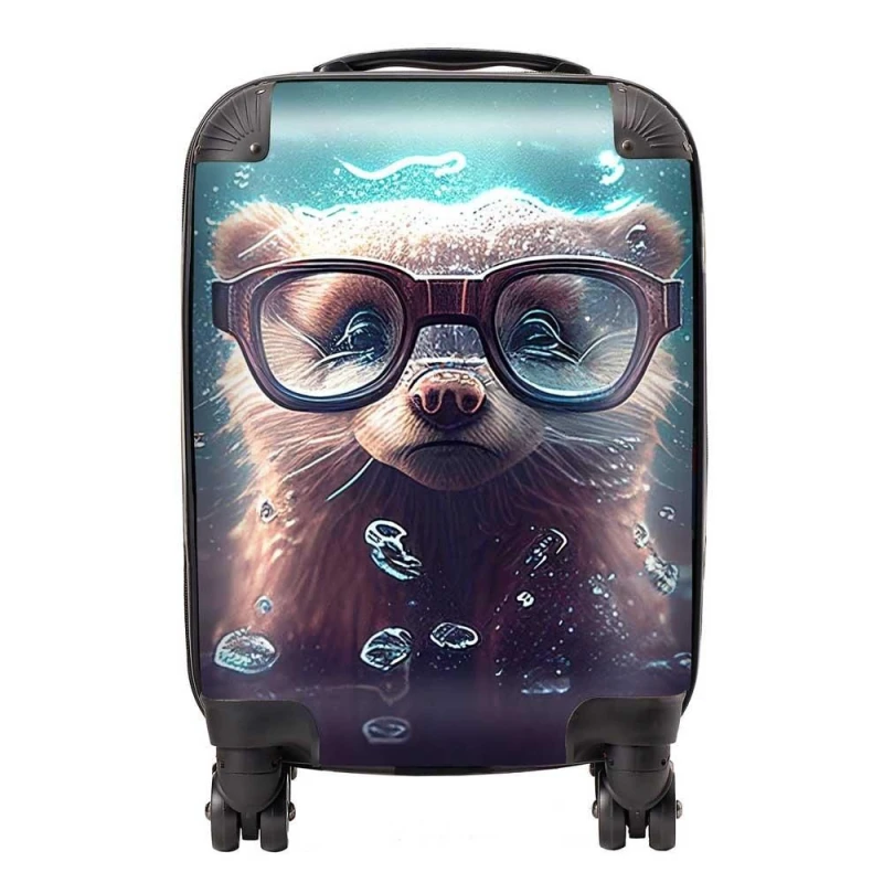 Image of Warren Reed - Designer Ferret With Glasses Splashart Water Suitcase in Blue Size: Medium Blue Unisex Medium