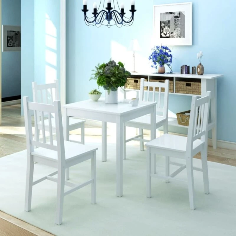 Image of 5 Piece 1 Dining Table and 4 Chairs Set Kitchen Home Furniture Pinewood White