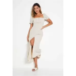 Image of I Saw It First Stone Woven Puff Sleeve Milkmaid Midi Dress - Brown