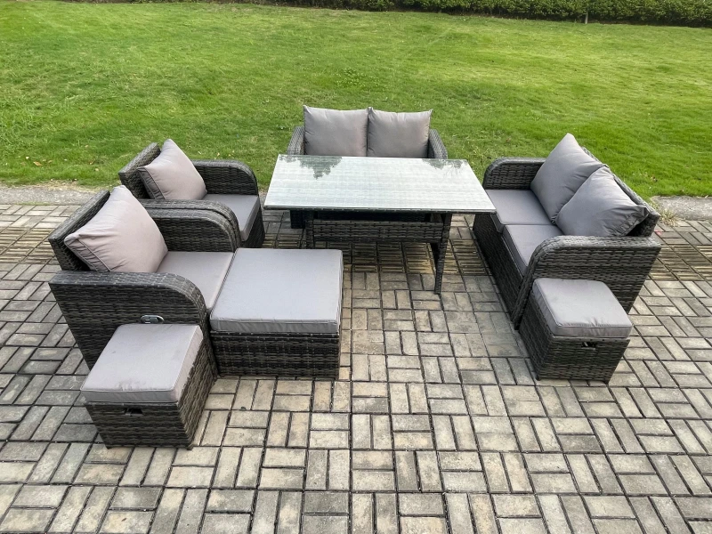 Image of Fimous Outdoor Rattan Garden Furniture 8 piece Grey Patio Furniture Set 9 Seater Lounge Sofa Set with Rectangular Table 3 Stools in Dark Grey Dark Gre