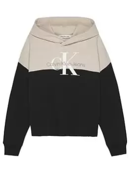 Image of Calvin Klein Jeans Girls Colour Block Monogram Hoodie - Black, Size Age: 10 Years, Women