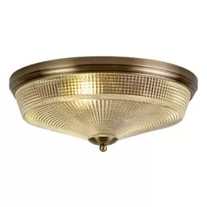 Image of Luminosa DeRuyter 3 Light E27 Flush Ceiling Lamp, Antique Brass, Prismatic Glass