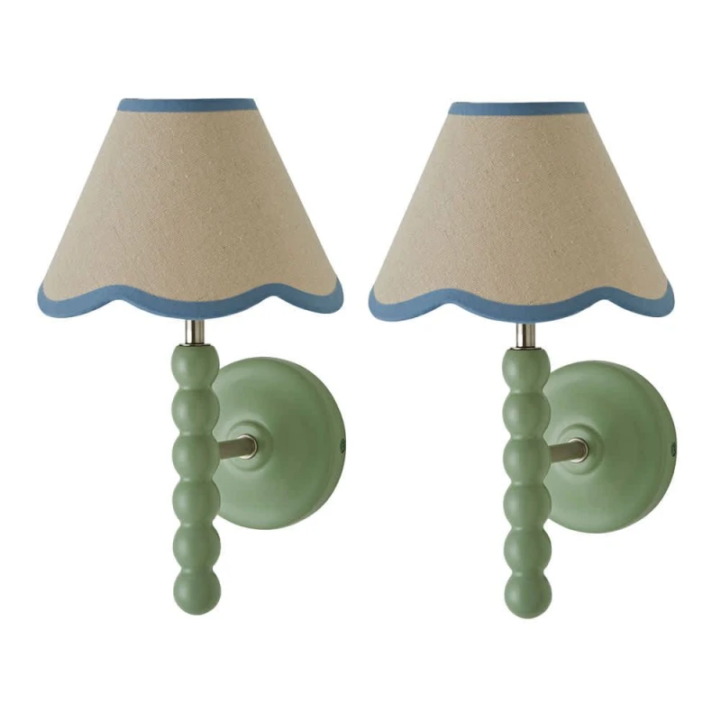 Image of ValueLights Bobbins Pair of Green Wall Lights & Linen Trim Lamp Shades & Bulbs in Pale Blue Pale Blue Unisex