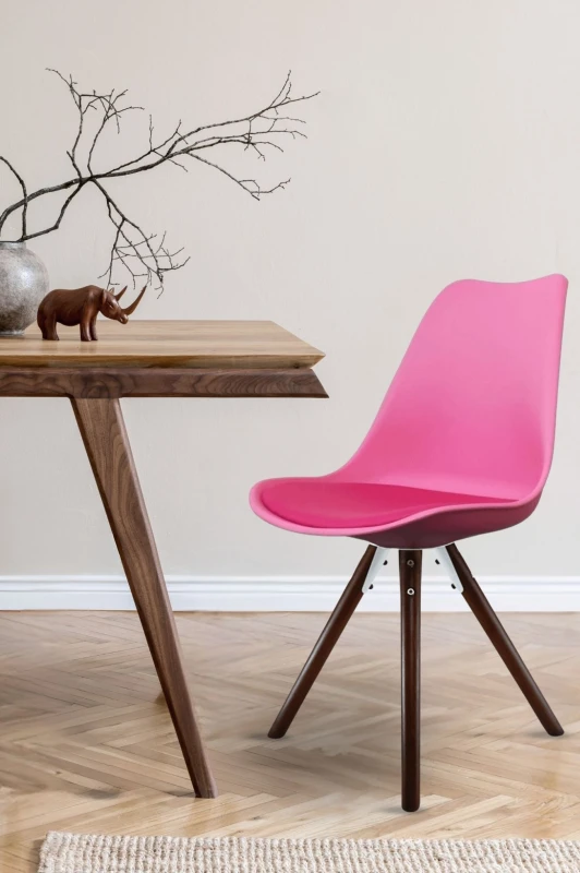 Image of Fusion Living Soho Plastic Dining Chair with Pyramid Dark Wood Legs Bright Pink