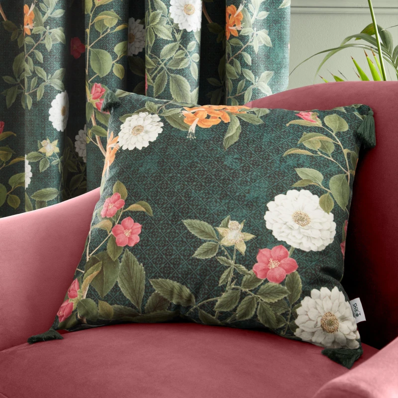 Image of RHS 'Arcadia Floral' Tassel Soft Touch Recycled Polyester Velour Cushion Green