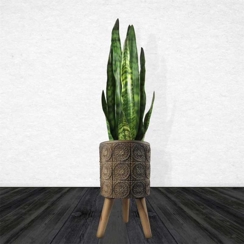 Image of Leaf Flowers Composite Planter with Stand Dark Brown