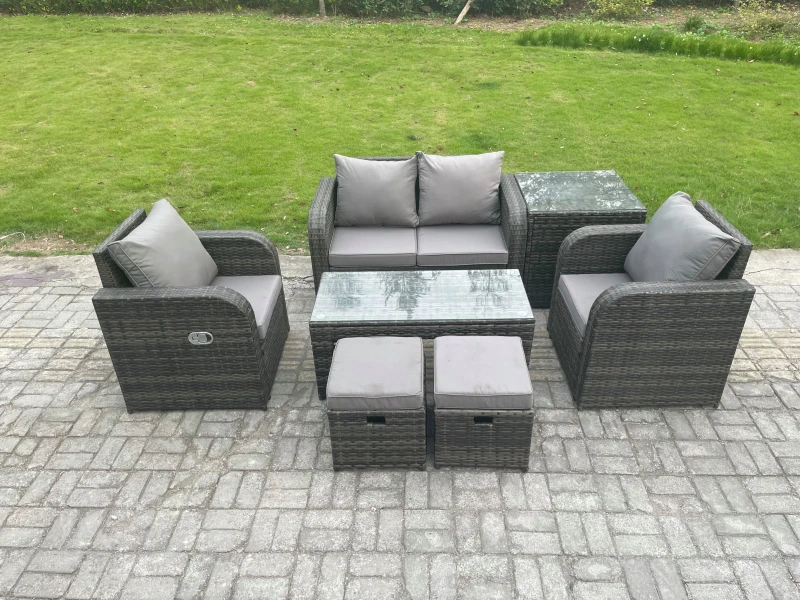 Image of Fimous 6 Seater Rattan Lounge Sofa Set Outdoor Garden Furniture Set with Rectangular Coffee Table Love Sofa Side Table Dark Grey