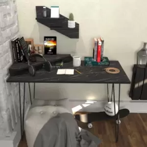 Image of Decorotika - Desalvo Modern Hairpin Leg Computer Desk With Shelves,120 Cm Writing Desk - Black Marble Effect And Black