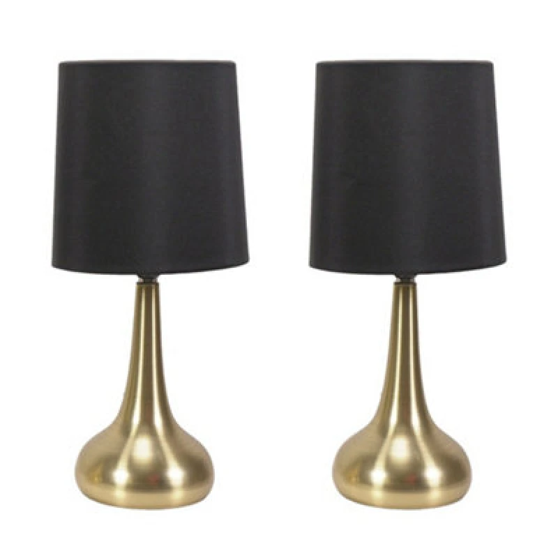 Image of ValueLights Teardrop Pair of Brushed Gold Touch Table Lamps with Fabric Shade Black