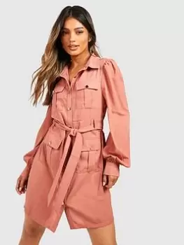 Image of Boohoo Utility Pocket Shirt Dress - Pink, Size 12, Women