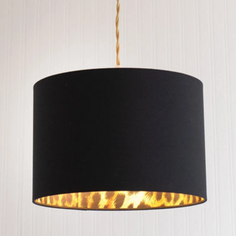 Image of ValueLights ValueLights Oasis Black with Leopard Print Inner Drum Ceiling Lamp Shade and Bulb Size: Small Black Small Unisex 5059406065705