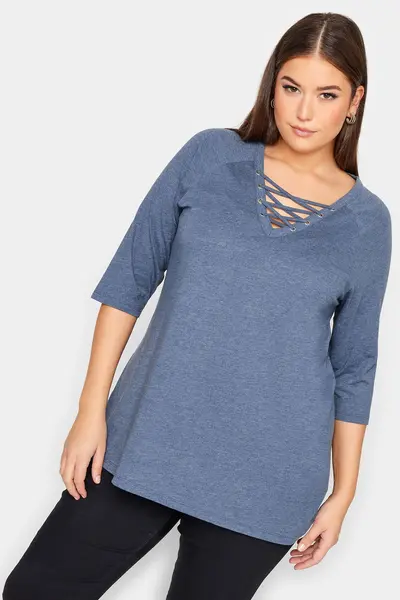 Image of Yours Lace Up Eyelet Top Blue
