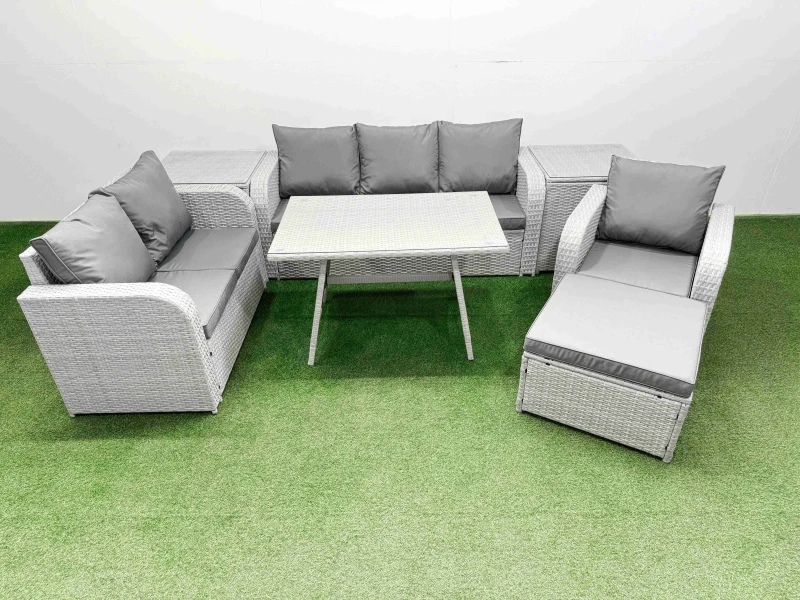 Image of Fimous Patio Dining Table & Chairs Sets with Reclining Chair 2 Side Tables in Light Grey Light Grey Unisex