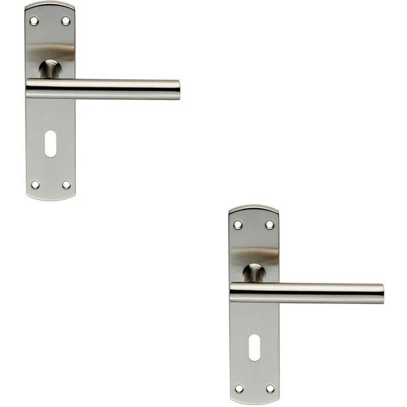 Image of Loops 2x Mitred T Bar Lever Door Handle on Lock Backplate 172 x 44mm Satin Steel Metallics
