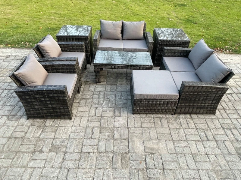 Image of Fimous 7 Seater Dark Grey Mixed High Back Rattan Sofa Set Coffee Table Garden Furniture Outdoor Patio With Love Sofa Arm Chair Dark Grey Unisex