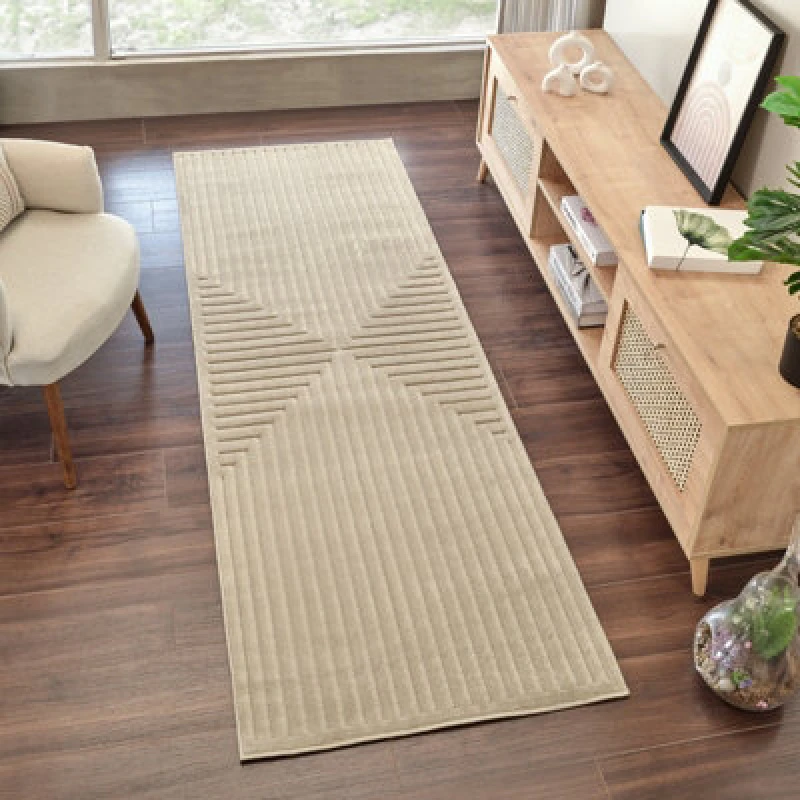 Image of Livabliss In- & Outdoor 3D High & Low Pile Textured Beige Kiyoshi Runner Rug 80 X 230 Cm - Easy Care, Ideal For Hallway Or Beside The Bed