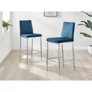 Image of Furniture Box 2X Milan Kitchen Bar Stools Navy Blue Velvet Silver Legs