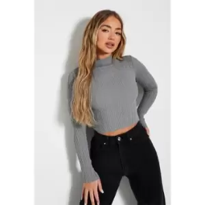 Image of I Saw It First Rib High Neck Fitted Knit Jumper - Grey