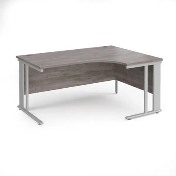 Image of Maestro 25 right hand ergonomic desk 1600mm wide - silver cable managed leg frame, grey oak top