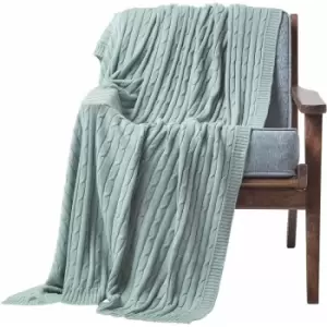 Image of Cotton Cable Knit Throw Duck Egg Blue, 130 x 170cm - Blue - Homescapes