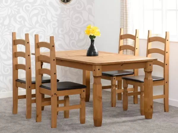 Image of Seconique Corona Pine Dining Table and 4 Brown Faux Leather Chairs