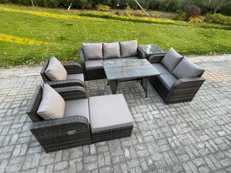 Image of Fimous 8 Seater High Back PE Rattan Sofa Set Outdoor Garden Furniture Dining Table Set With Reclining Chair 3 Seater Sofa Dark Grey unisex