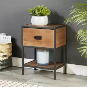 Image of Cayman - Retro Wooden Dark Brown Side Table or Bedside Cabinet 1 Drawer Metal Handles - Brown
