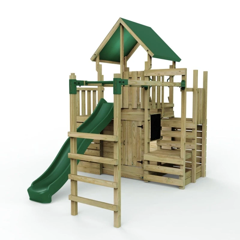 Image of Rebo Wooden Climbing Frame with Play Tower, Climbing Wall and Slide - M21 Ramp & Monkeybars Brown