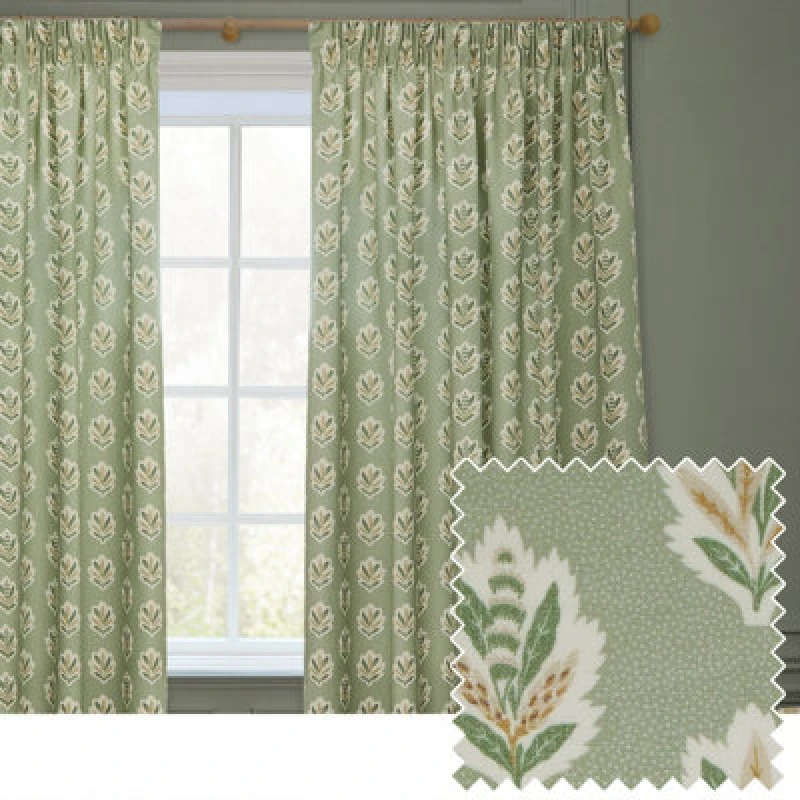 Image of Sanderson Sessile Leaf Printed Room Darkening Pencil Pleat Curtain Pair Sage (W)229Cm X (D)182Cm