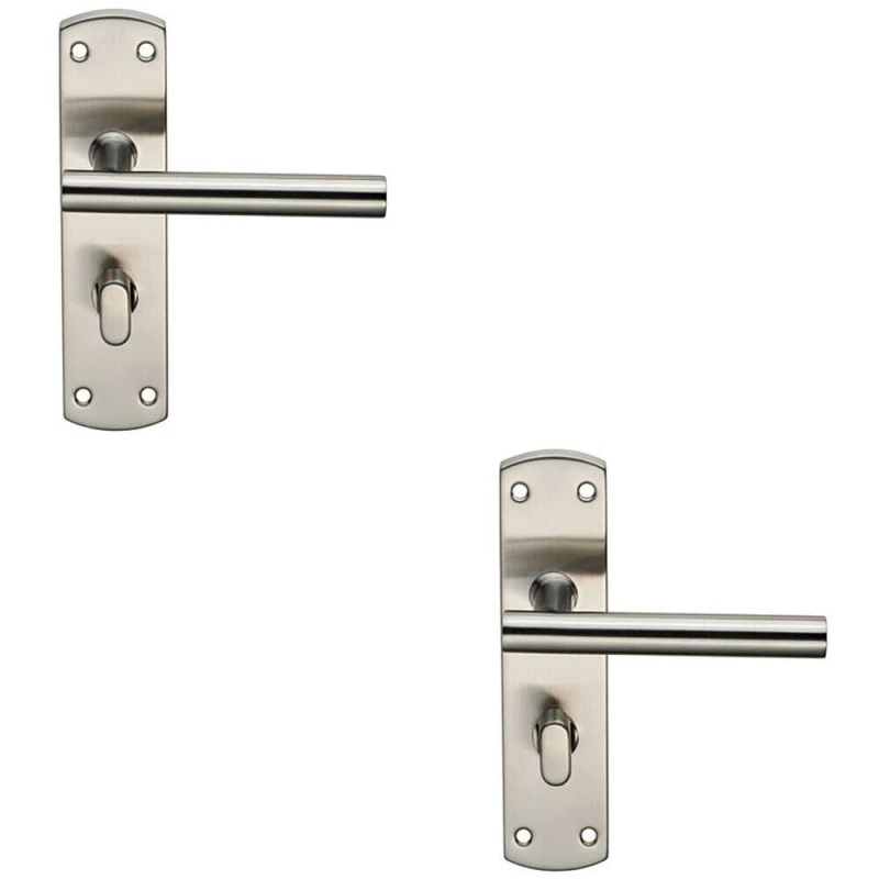 Image of Loops 2x Mitred T Bar Lever on Bathroom Backplate Handle Thumbturn Lock Satin Steel Metallics