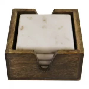 Image of Set of 4 High Quality Marble Coasters In A Mango Wood Holder