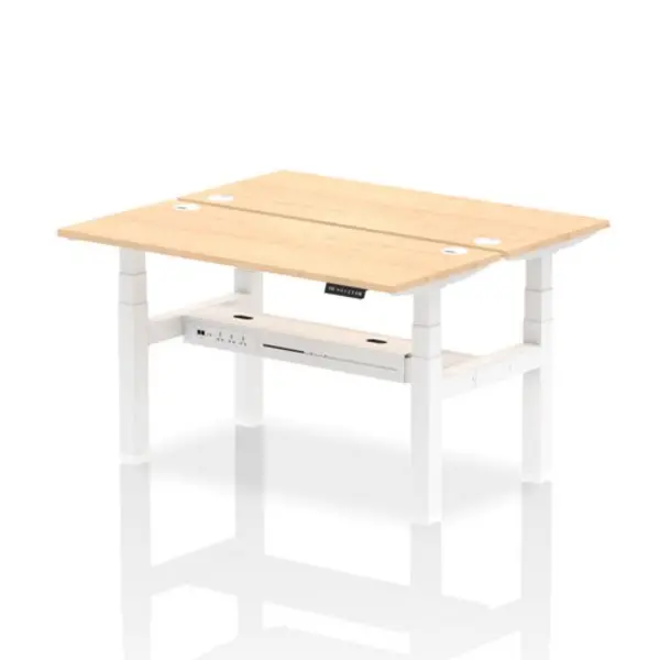 Image of Air Air Back-to-Back 1400 x 600mm Height Adjustable 2 Person Bench Desk Maple Top with Cable Ports White Frame HASCP2P14600MPEW