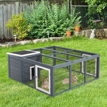 Image of PawHut Rabbit Hutch Small Animal House Ferret Bunny Cage Duck House Rabbit Hideaway Chinchilla Cage Backyard with Openable Main House & Run Roof