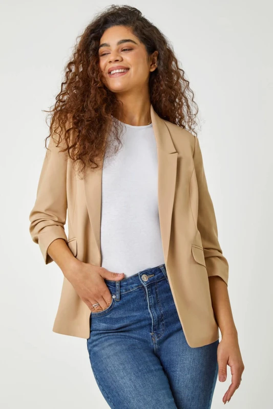 Image of Roman Ruched Sleeve Stretch Blazer Natural