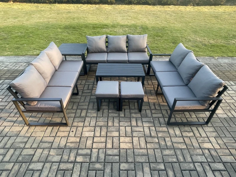 Image of Fimous Aluminium 11 Seater Outdoor Garden Furniture Set Lounge Sofa Oblong Coffee Table 2 Small Footstools Side Table Sets with Cushions Dark Grey Dar