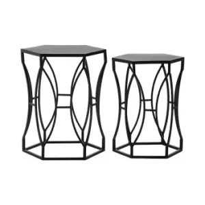 Image of Set of 2 Black Iron Nest Tables with Iron Tops
