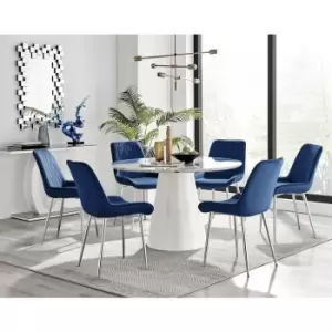 Image of Furniturebox Palma White Marble Effect 120cm Round Minimalist Dining Table & 6 Navy Pesaro Silver Leg Velvet Chairs