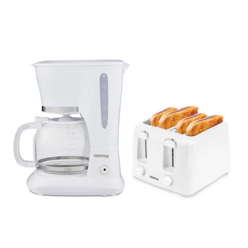 Image of Geepas 1.5L Filter Coffee Machine & 4 Slice Toaster Combo Set in White White Unisex