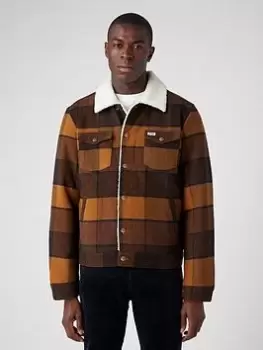 Image of Wrangler Wool Blend Checked Trucker Jacket - Dark Yellow, Dark Yellow Size M Men