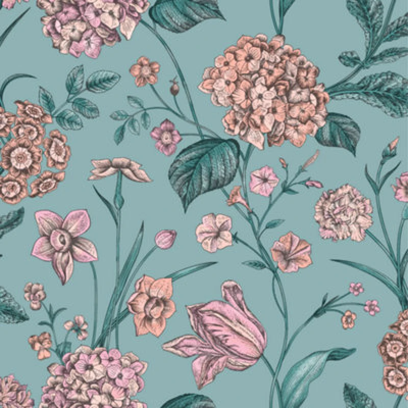 Image of Rasch Hydrangea Floral Tulips Wildflower Flowers Botanical Leaves Leaf Wallpaper Teal