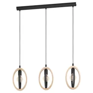 Image of Hanging Ceiling Pendant Light Black & Wood Hoop Shade 3 x 40W E27 Bulb